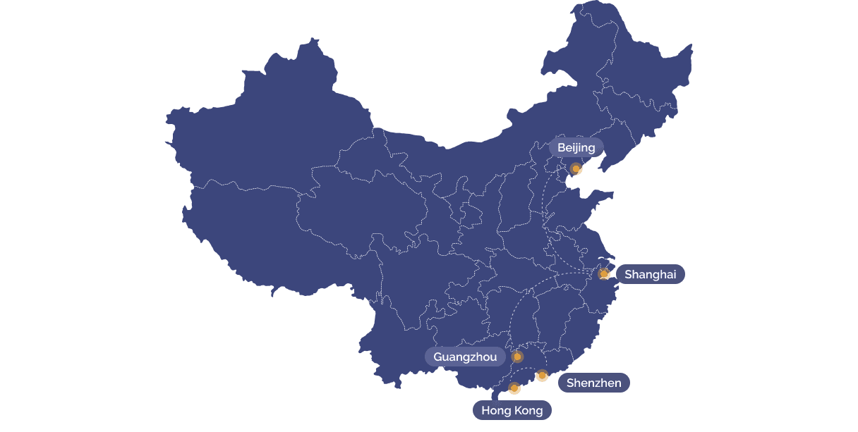 Mapa da China com roteiro: Beijing, Shanghai, Guangzhou, Shenzhen e Hong Kong